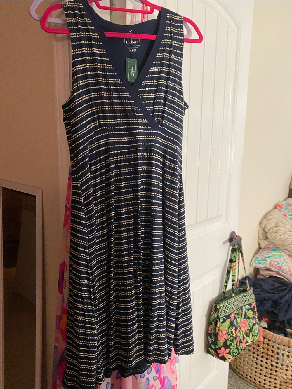 L.L. Bean Navy and White Faux-Wrap Midi Dress